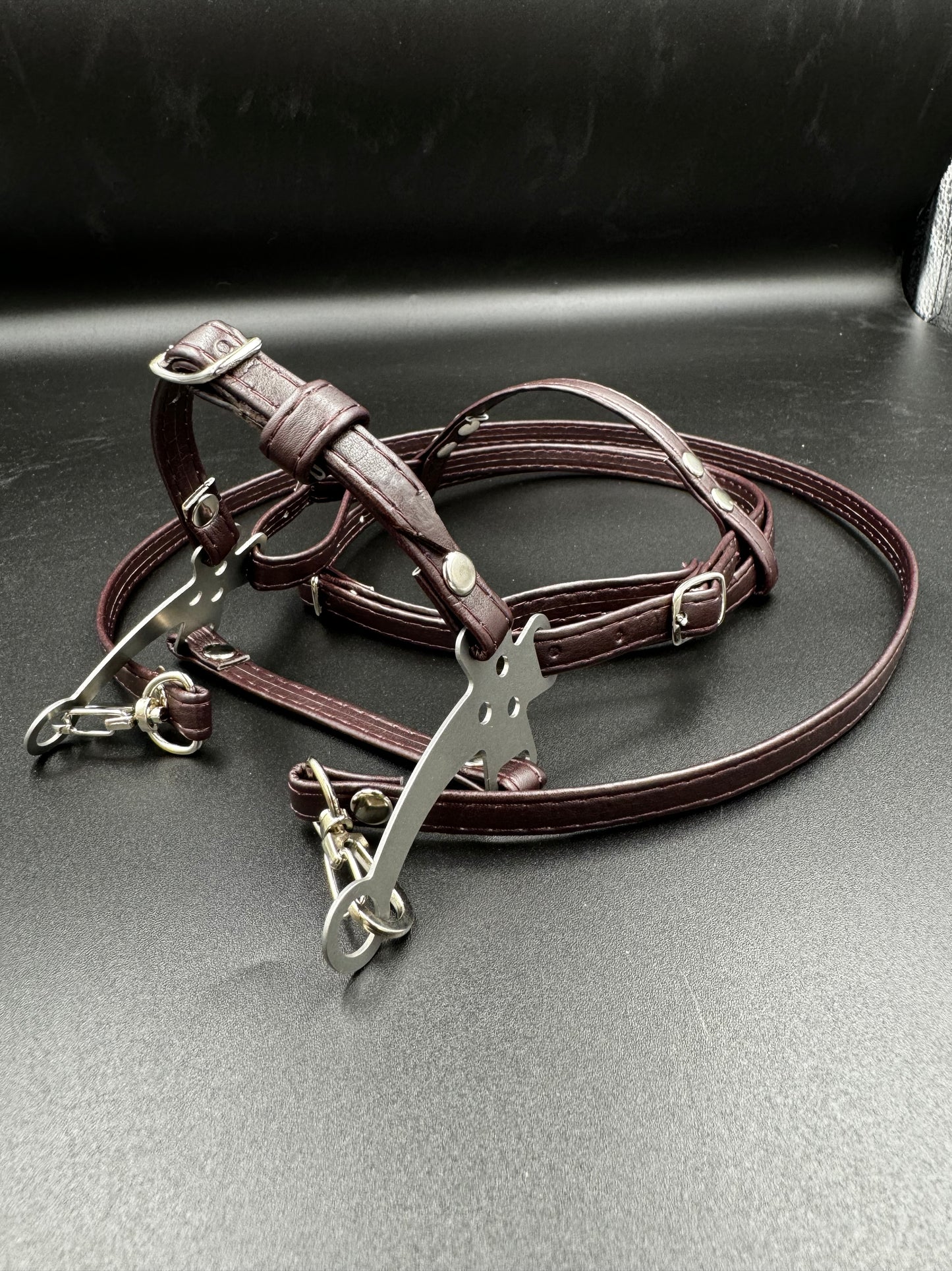 Hackamore shank bridle made of eco-leather for hobby horse A3. Brown.