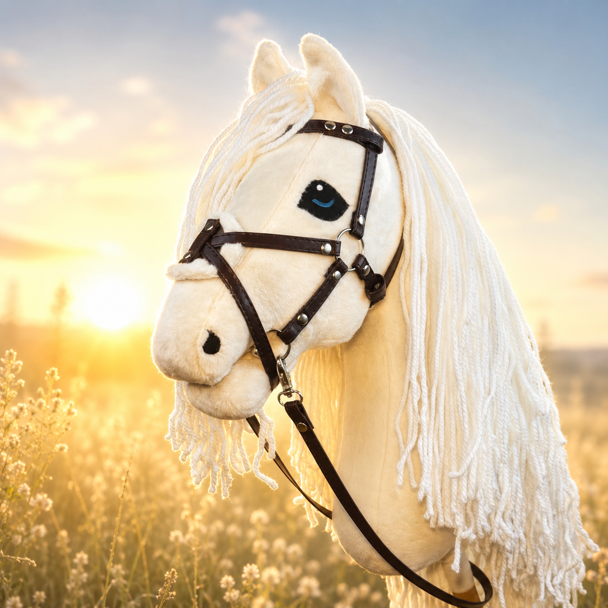 Hackamore-Zaumzeug aus Öko-Leder mit Blumenmuster und diamantförmigem Stirnband. Braun. Passend für Steckenpferde in den Größen A5, A4 und A3.
