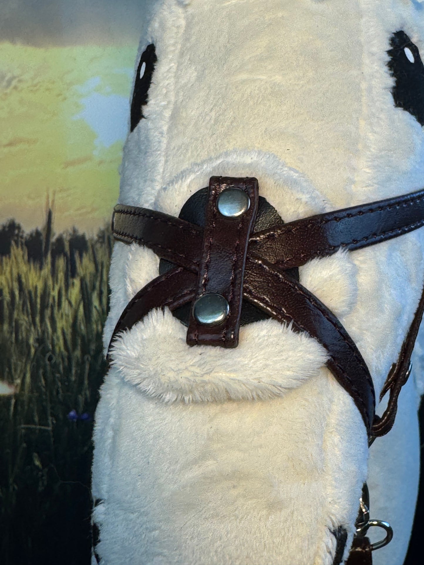 Hackamore-Zaumzeug aus Öko-Leder mit Blumenmuster und diamantförmigem Stirnband. Braun. Passend für Steckenpferde in den Größen A5, A4 und A3.